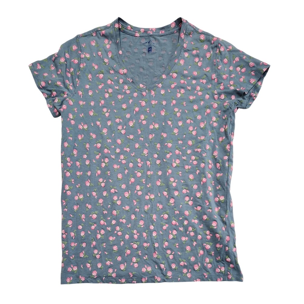 Blue Mountain Floral V-Neck Short Sleeve Tee Blue Pink Rosebud Cottagecore M
